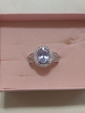 Princess Cinderella Sterling Silver Halo Oval Light Blue CZ Ring Size 6